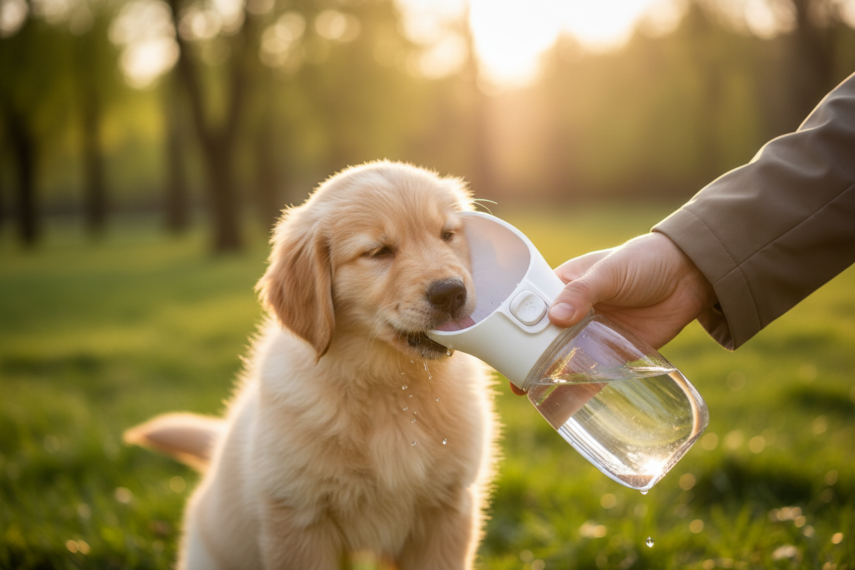 Perrito tomando agua con la botella